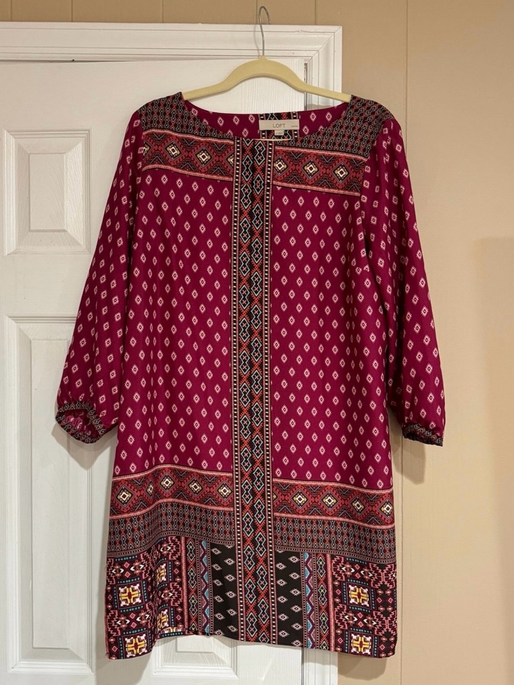LOFT Magenta Printed Long-Sleeve Tunic Dress